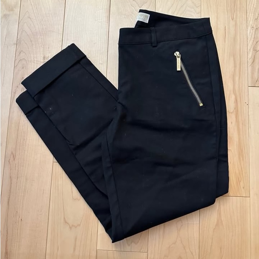 BNWOT- Michael Kors Front Zip Dress Pants Black Gold Hardware Cropped Ankle